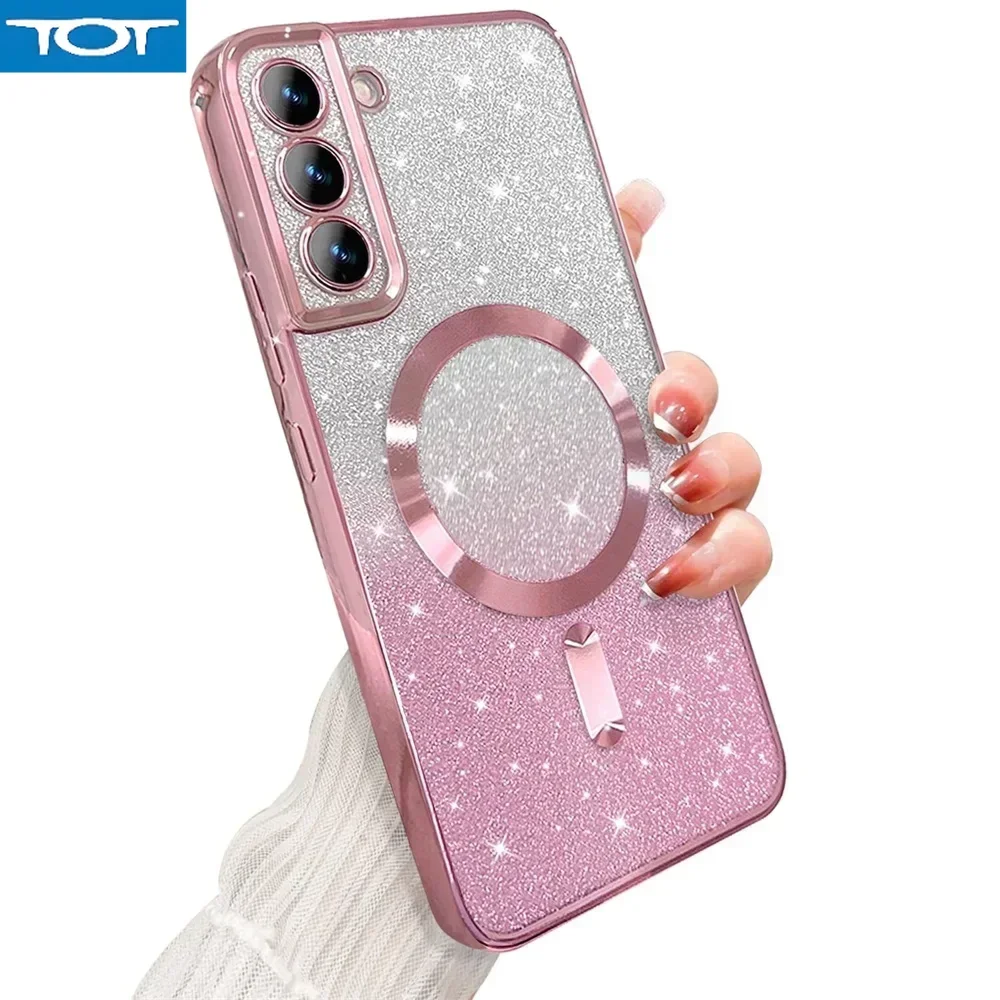 

Блестящий яркий чехол для Samsung Galaxy S25 S24 S23 S22 S21 S20 Plus FE Note20 Ultra, чехол с беспроводным покрытием MagSafe Magnetic