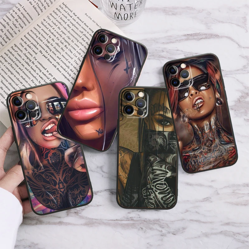 Sexy Sleeve Tattoo Girl For iPhone 15 14 13 12 11 XS XR X 8 7 SE Pro Max Plus Mini Black Back Phone Case