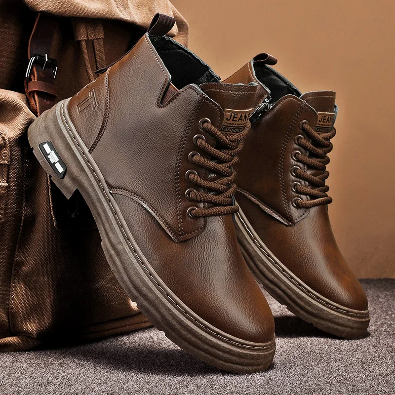 

Retro Men's Autumn Winter Hightop Leather Boots Male Outdoor Hightcut Walking Casual Platform Work Bootys Waterproof Antiskid