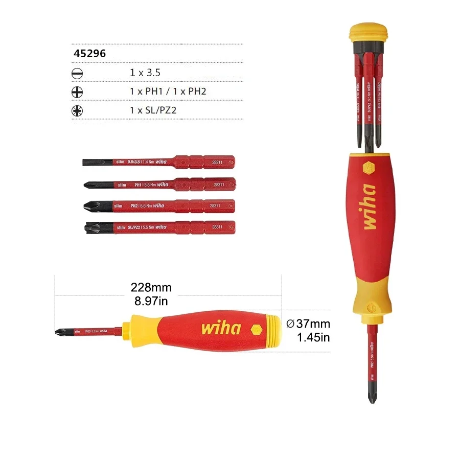 WIHA 45296 4 in 1 Insulated Screwdriver Set with Bit Magazine for Phillips Slotted Pozidriv Screw 1000V Insulated Screwdrivers