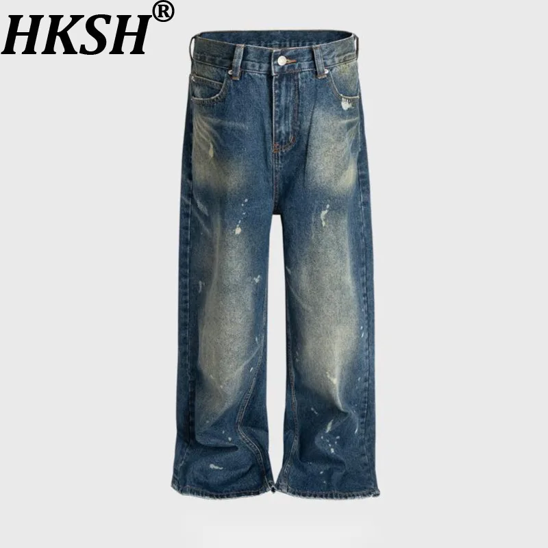 HKSH Spring Autumn New Men Tide Straight Washed Vintage Denim Pants Unisex Graffiti Paint Multi Pocket Tie-Dye Jeans Ins HK15542