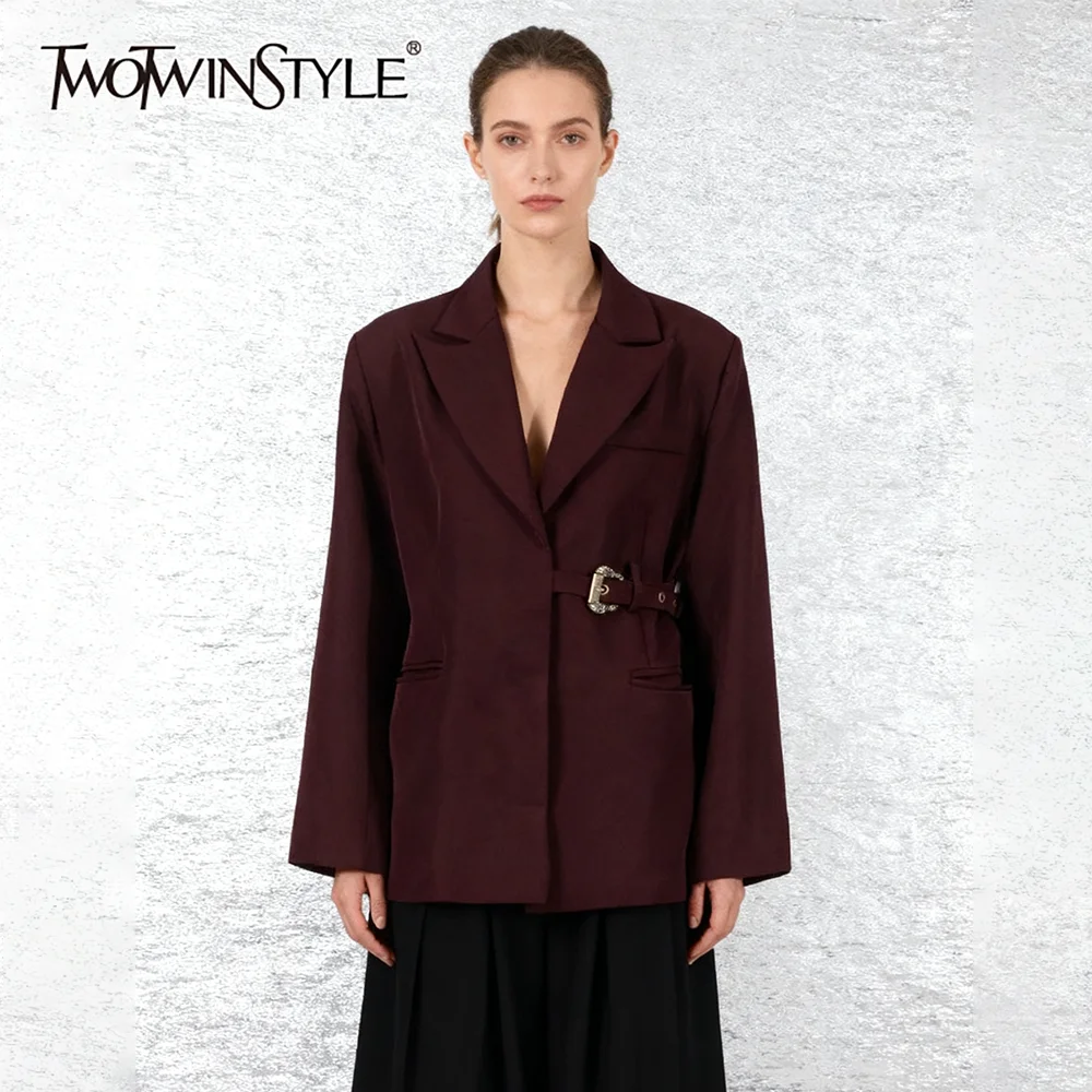 

TWOTWINSTYLE, однотонный винтажный пиджак с поясом для женщин, с лацканами и длинными рукавами, лоскутный пиджак на пуговицах, темпераментный пиджак, женская мода