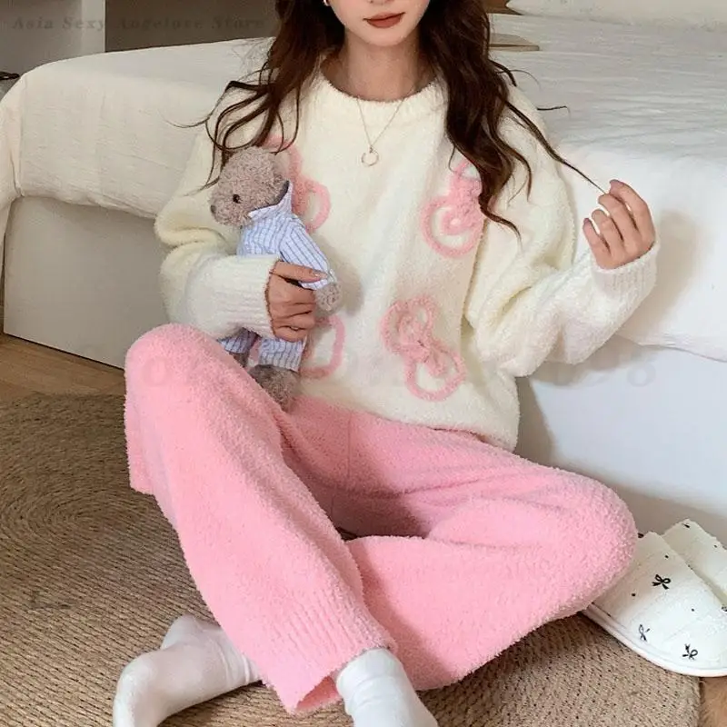 

Women's Sweet 2Pcs Pajamas Set Women Autumn Winter Sleepwear Cute Flannel Pijamas Long Sleeve Trouser Casual Outwear Homewear