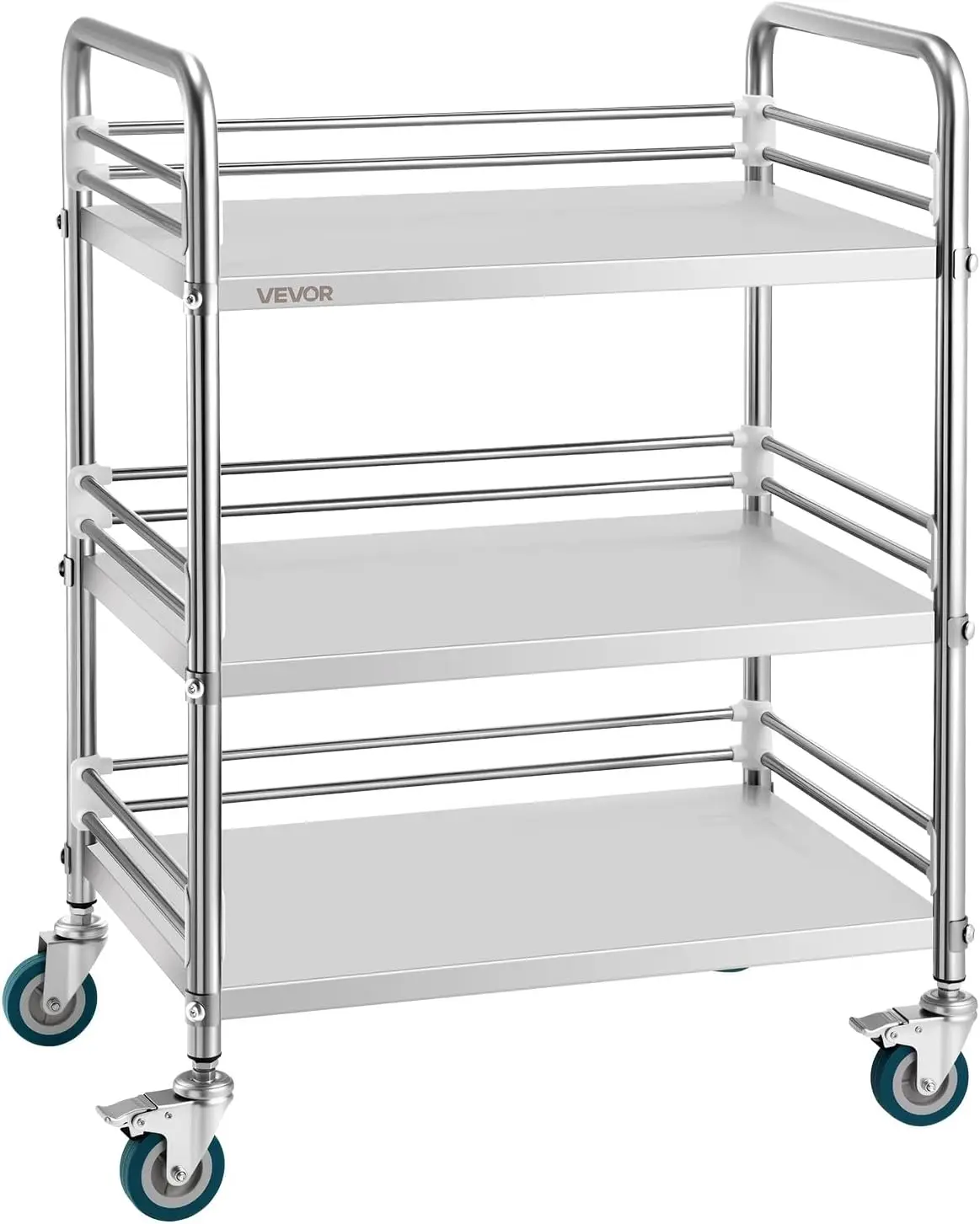 Stainless Steel Rolling Cart, 3-Tier Metal Utility Cart with Lockable Wheels, Medical Serving Trolley Clinic Tray, Mobile Servic