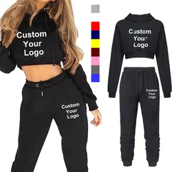 Fashion Women Customize Your Logo Two Pieces Tracksuits Hoodie Suits Crop Tops and Long Pants Sets Sportswear