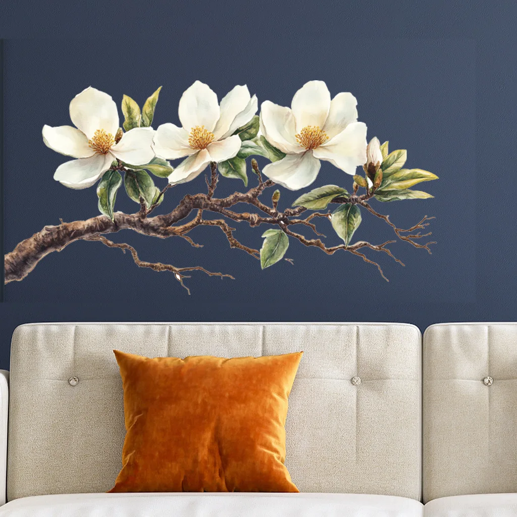 1pc Elegant White Magnolia Blossom Wall Decal - Self-Adhesive & Removable PVC Sticker, Washable, Perfect for Living Room & Bedro
