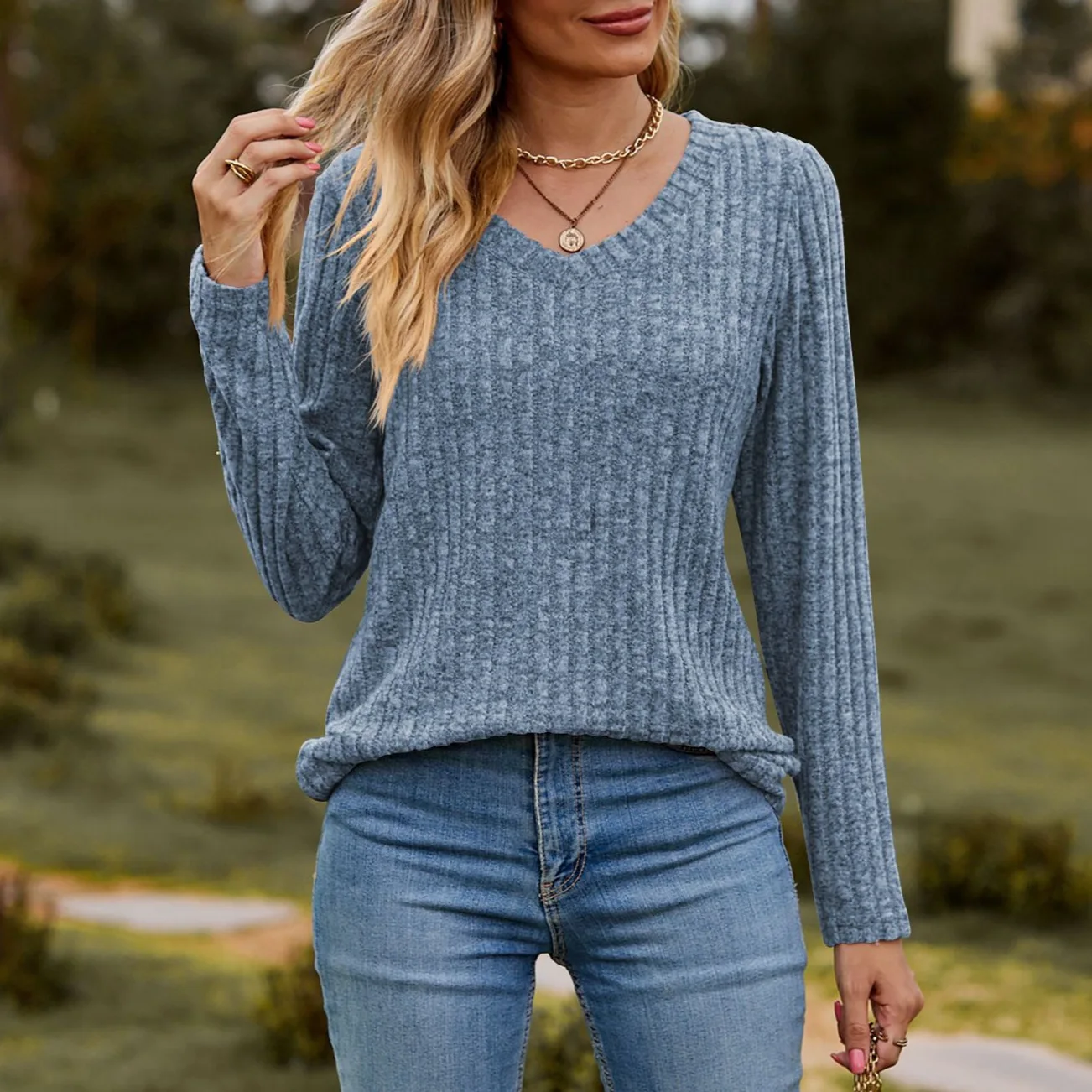 Women's Long Sleeve Tops New 2024 V-neck Brushed Pit Stripe Solid Color Top Women Soft Comfy Tees Multiple Colors Available