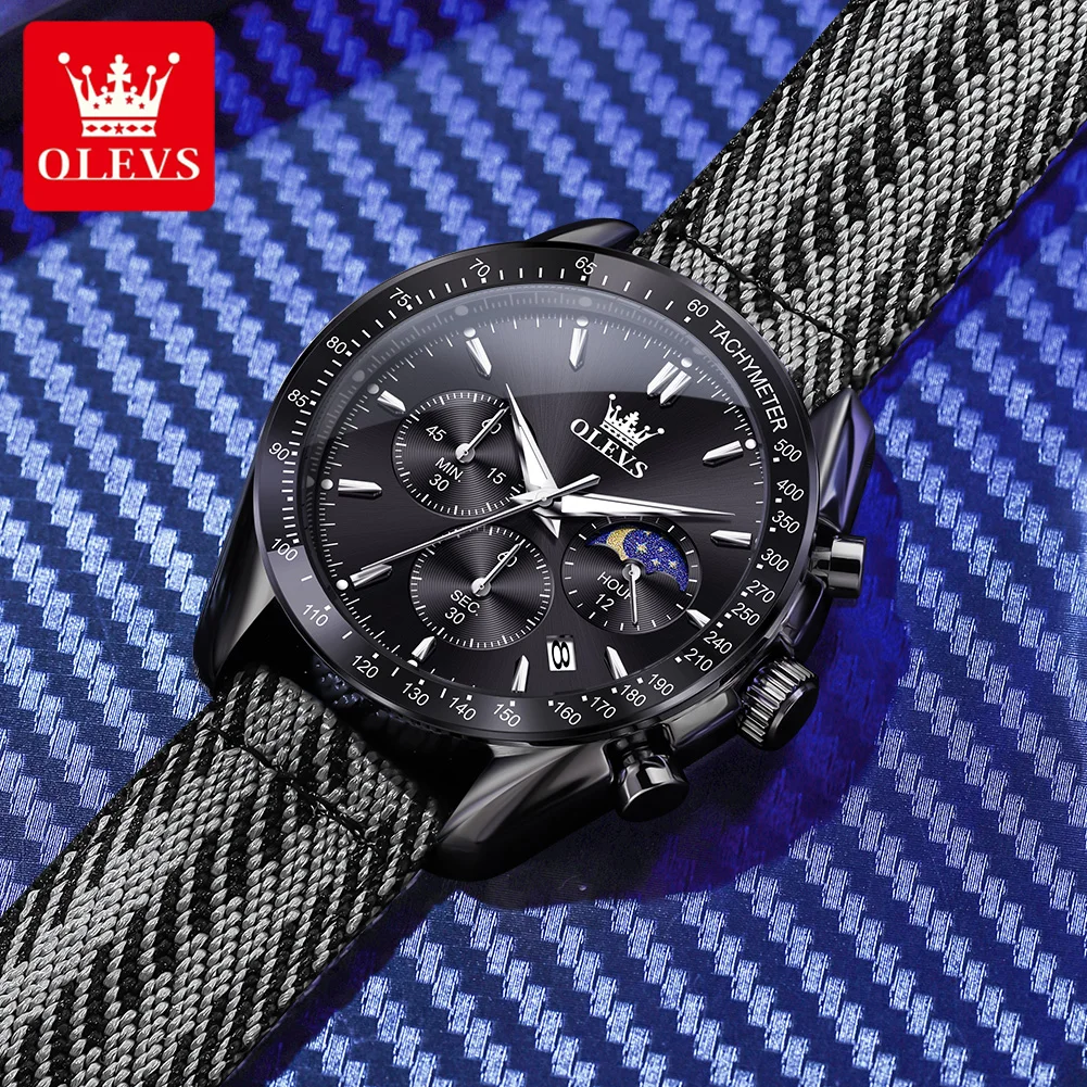 Olevs 3630 moda masculina relógio de quartzo original pulseira de tecido de náilon fase da lua à prova dwaterproof água cronógrafo calendário esportes relógio masculino