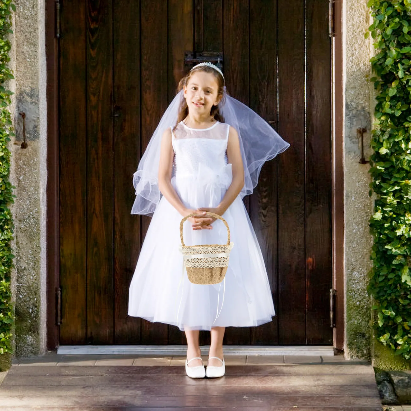 

Wedding Flower Girl Basket 12 5cm Top 9 5cm Bottom 23cm Height Brown White Satin PVC Burlap Lace Decorated Storage Container