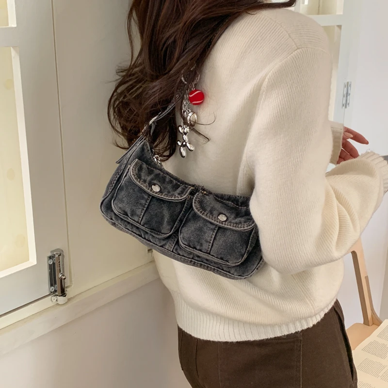 Distressed Jean Underarm Bag Women Charm Crossbody Handbag with Wide Shoulder Strap Vintage Denim Hobo Purse Trendy Casual Sling
