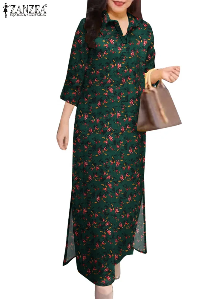 ZANZEA Vintage Women 3/4 Sleeve Lapel Neck Sundress Cotton Shirt Dress 2025 Autumn Fashion Floral Print Dresses Bohemian Vestido