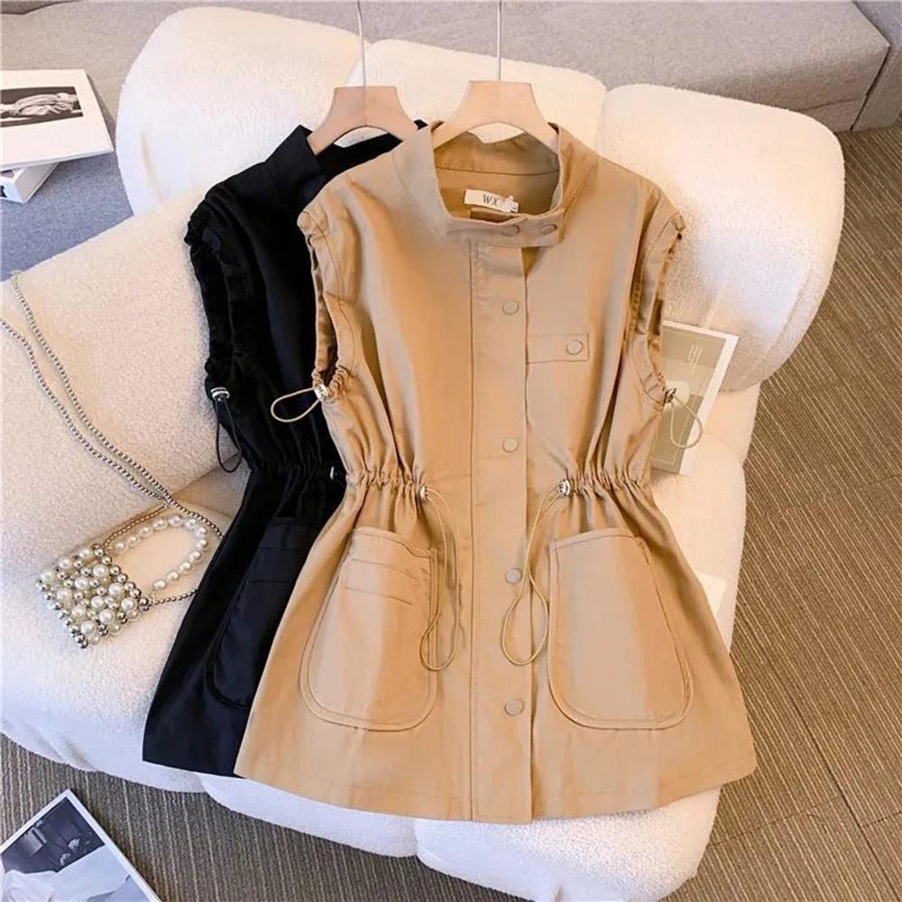 

Long Cargo Vest Women's Korean Style Casual Loose Patchwork Drawstring Pocket Mid-Length Workwear Waistcoat Jacket Tops