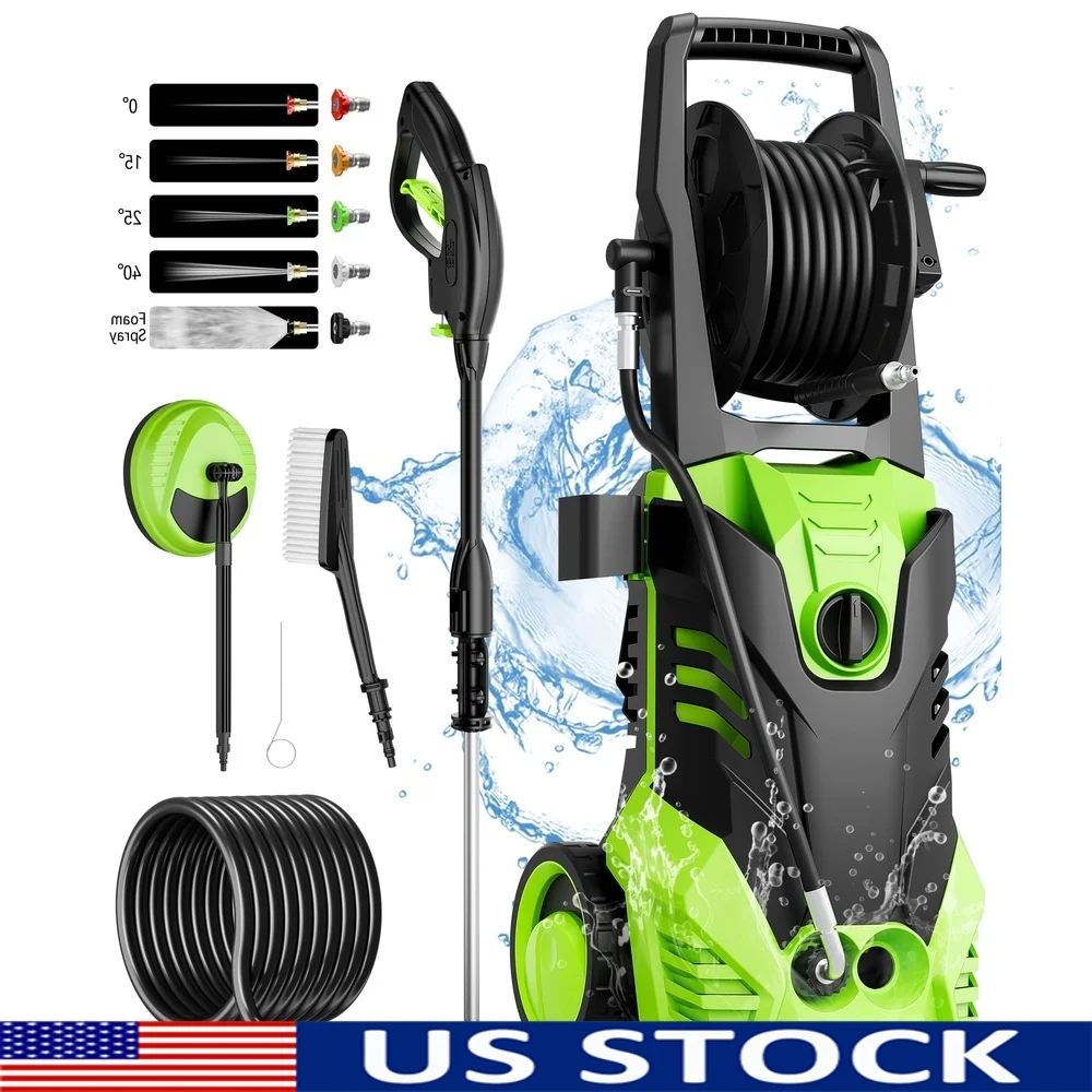 

3000 PSI Electric Pressure Washer 2000W Motor 2.0 GPM 5 Nozzles Auto Stop Thermal Protection Easy Mobility Cars Homes Decks