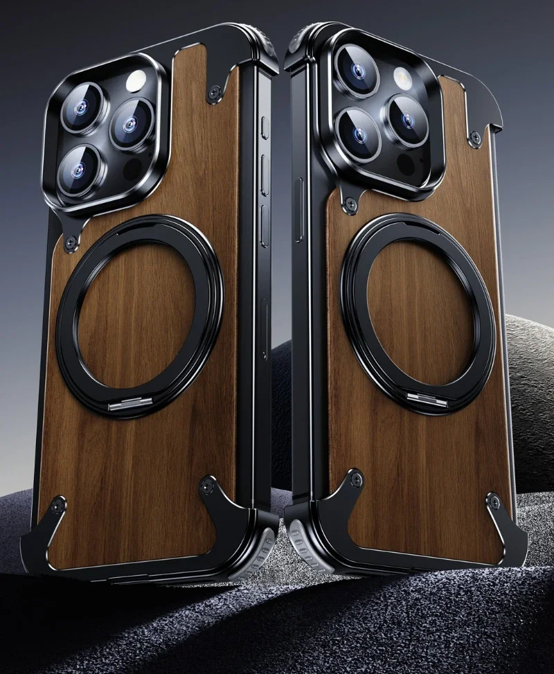 

For IPhone 15 14 Pro Max Series Solid Wood Phone Case With 360 Rotatable Ring Stand Shockproof Protective Cover Bumper