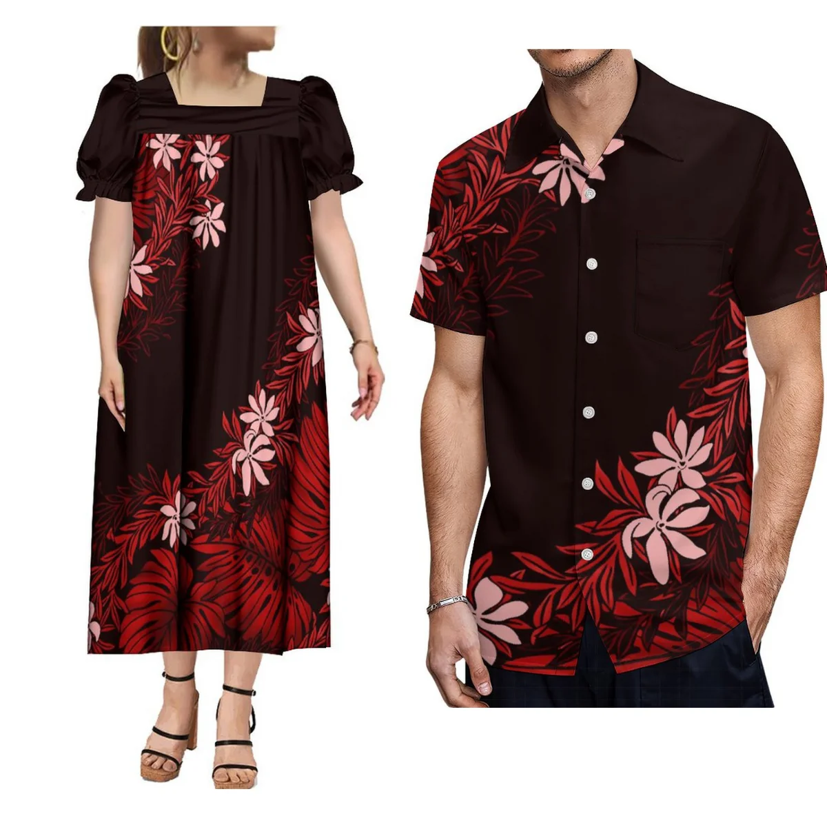 

Women'S Puffed Sleeve Dress Micronesia Women'S Mumu Dress With Men'S Shirt 9xl Polynesian Design Couple Set