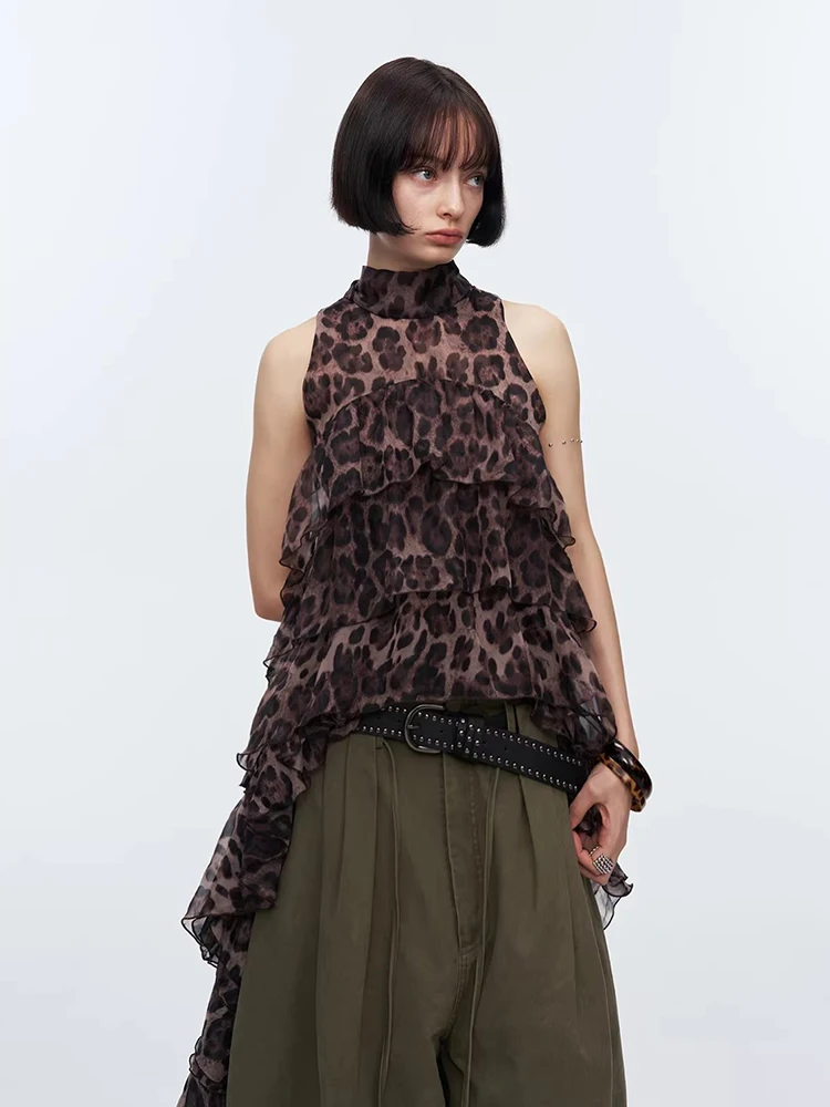 REDDACHiC Train Leopard Halter Top Women Chiffon Semi-sheer Layered Ruffle Fringe Sleeveless Vest Vintage Y2k Summer Clothes