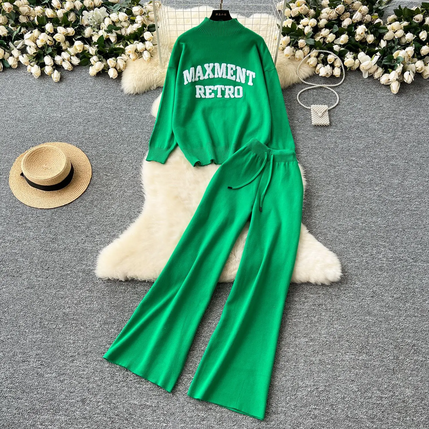 

Women Two Pieces Knitted Pant Set Solid Matching Set Embroidery Mock Neck Pullover Sweater Drawstring Wide Leg Pants 2025 Autumn