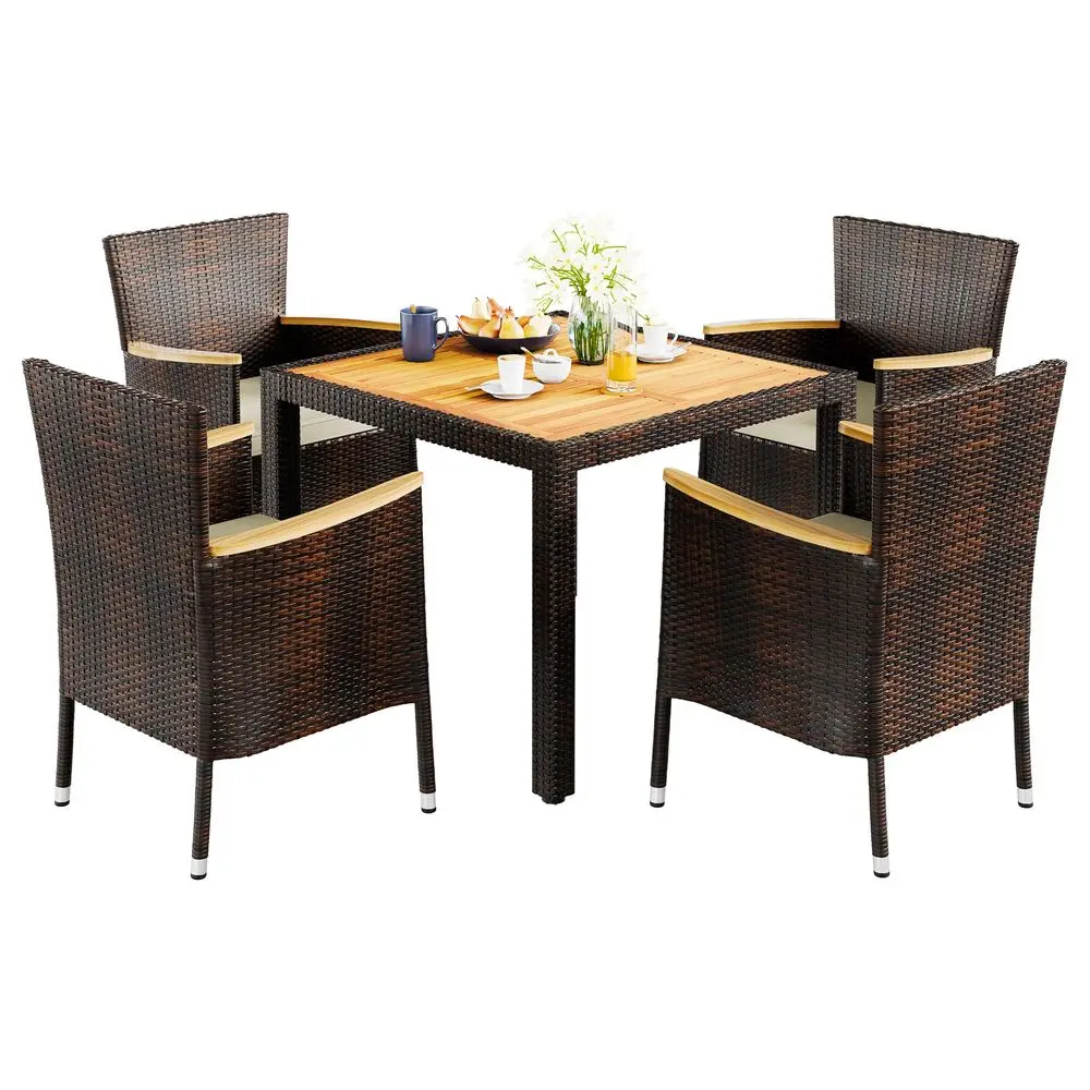 

5 Piece Small Patio Dining Set, SpaceSaving Outdoor Wicker Furniture Conversation Set with Wood Table and Cushioned Rattan Chai