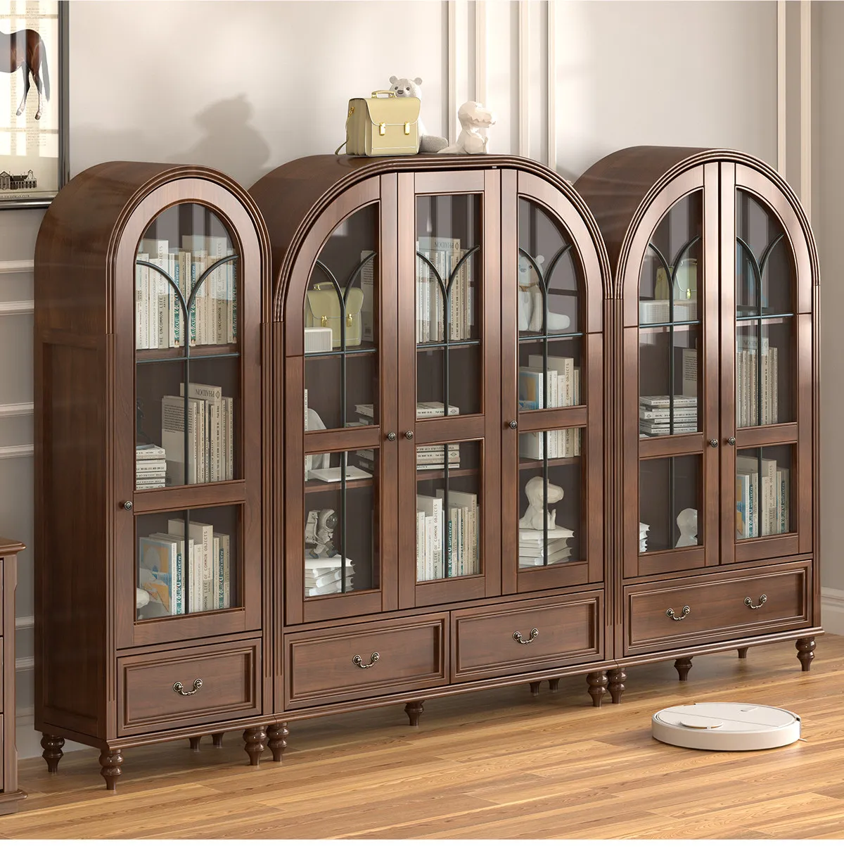 Full solid wood low bookcase, floor-to-ceiling living room display cabinet, American retro glass door storage cabinet, figure di