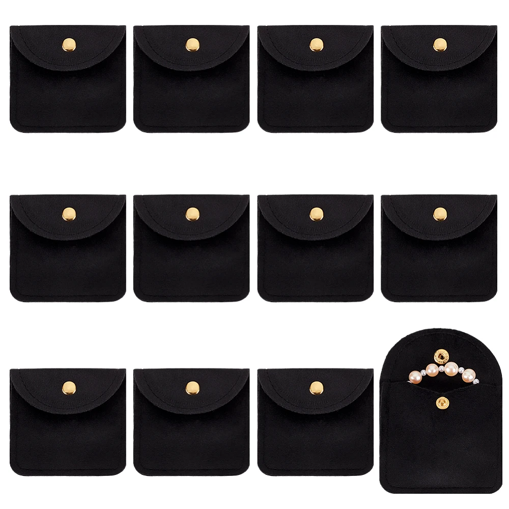 12Pcs Jewelry Pouches Soft Velvet Jewelry Pouches Black Rectangle Jewelry Gift Bags with Snap Button Portable Storage Bag
