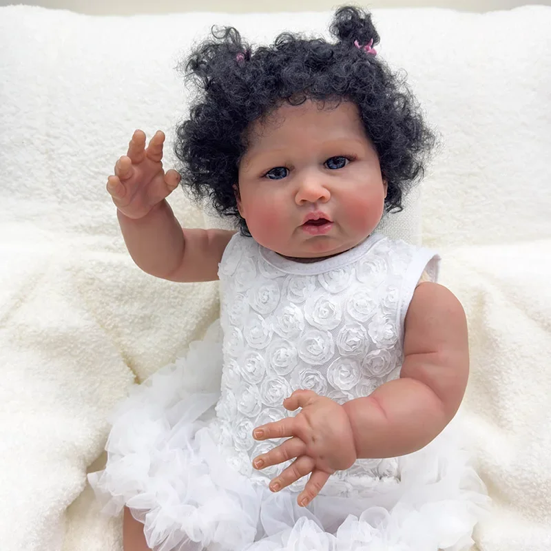 60CM Blue Sparrow Cloth Body Reborn Baby Toddler Newborn Doll Lifelike Soft Touch Dark Skin Art Doll with Hand Root Hair