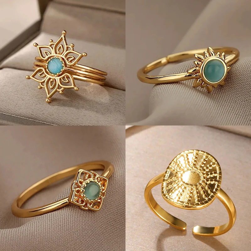 Vintage Opal Sun Rings For Women Gold Color Stainless Steel Sun Ring Wedding Party Jewelry Gift Accessories Best Friend 2024