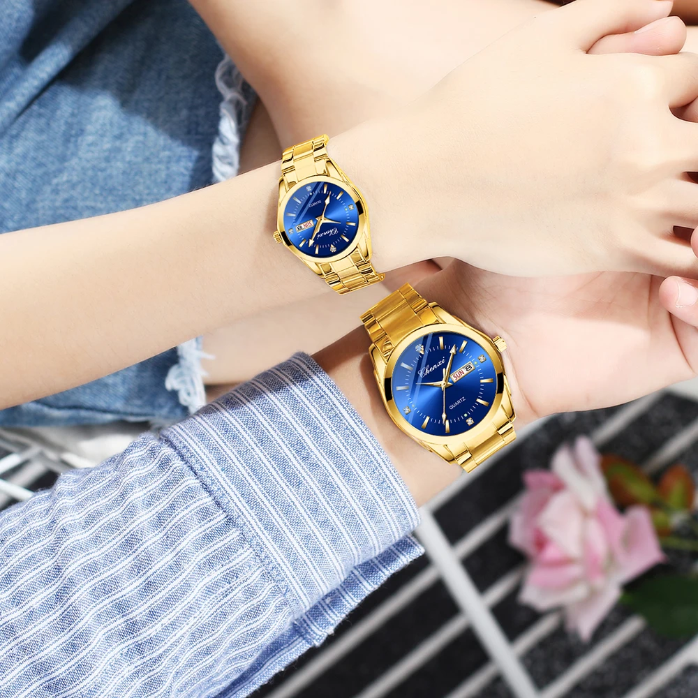 CHENXI Watches Sets Golden Stainless Steel Strap Fashion Dress Watch for Men Waterproof Luxury Couple Watches Pair Men And Women