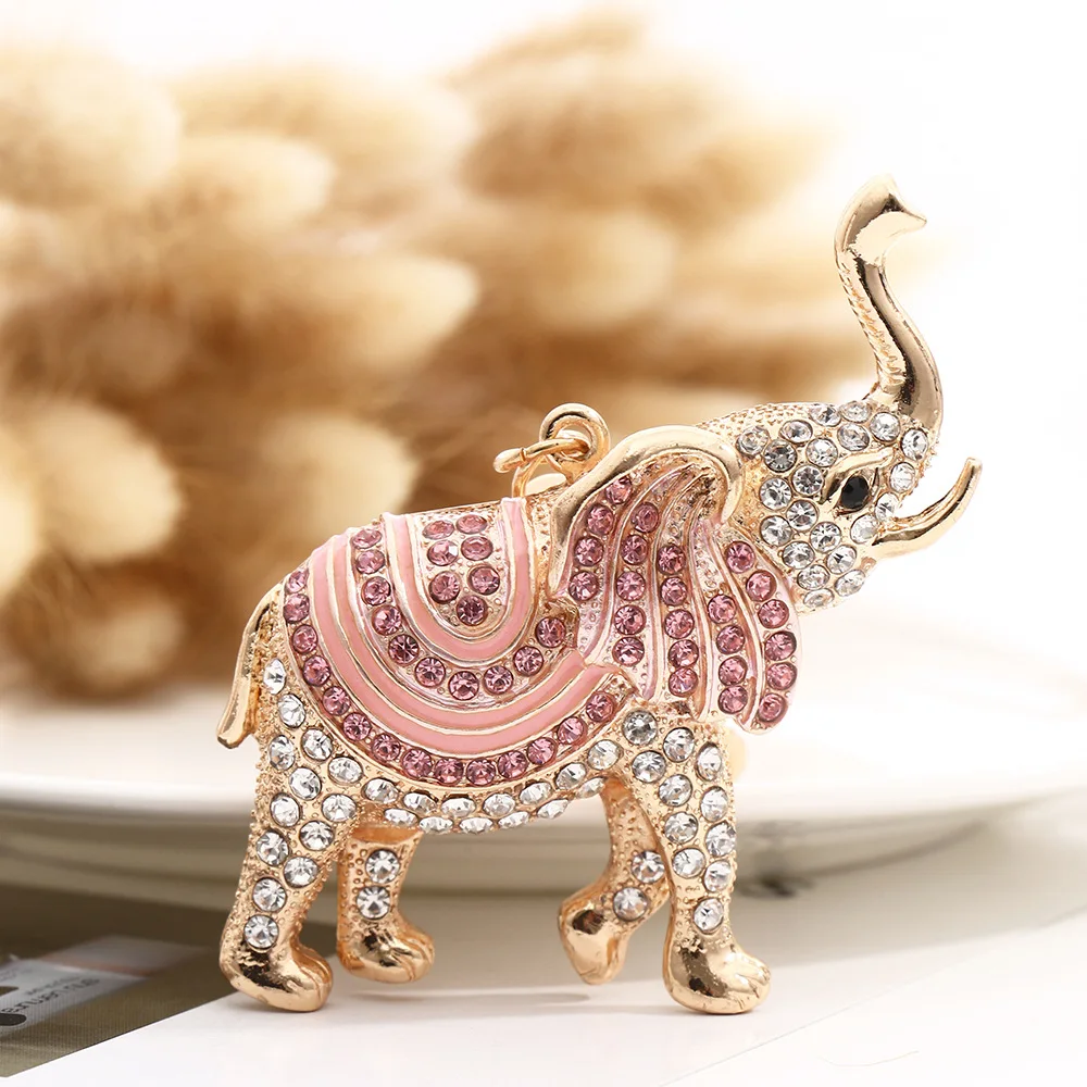 3D Auspicious Elephant Key Holder Chains Whole Enamel Colorful Crystal Bag Pendant Keyrings KeyChains For Women