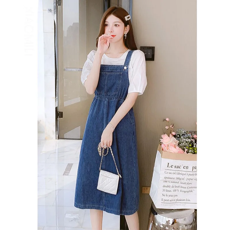 Korean Denim Strap Dress For Women 2023 Spring Summer Loose Small Fresh Salt Waist A Line Mid length Dress Lady Sundress