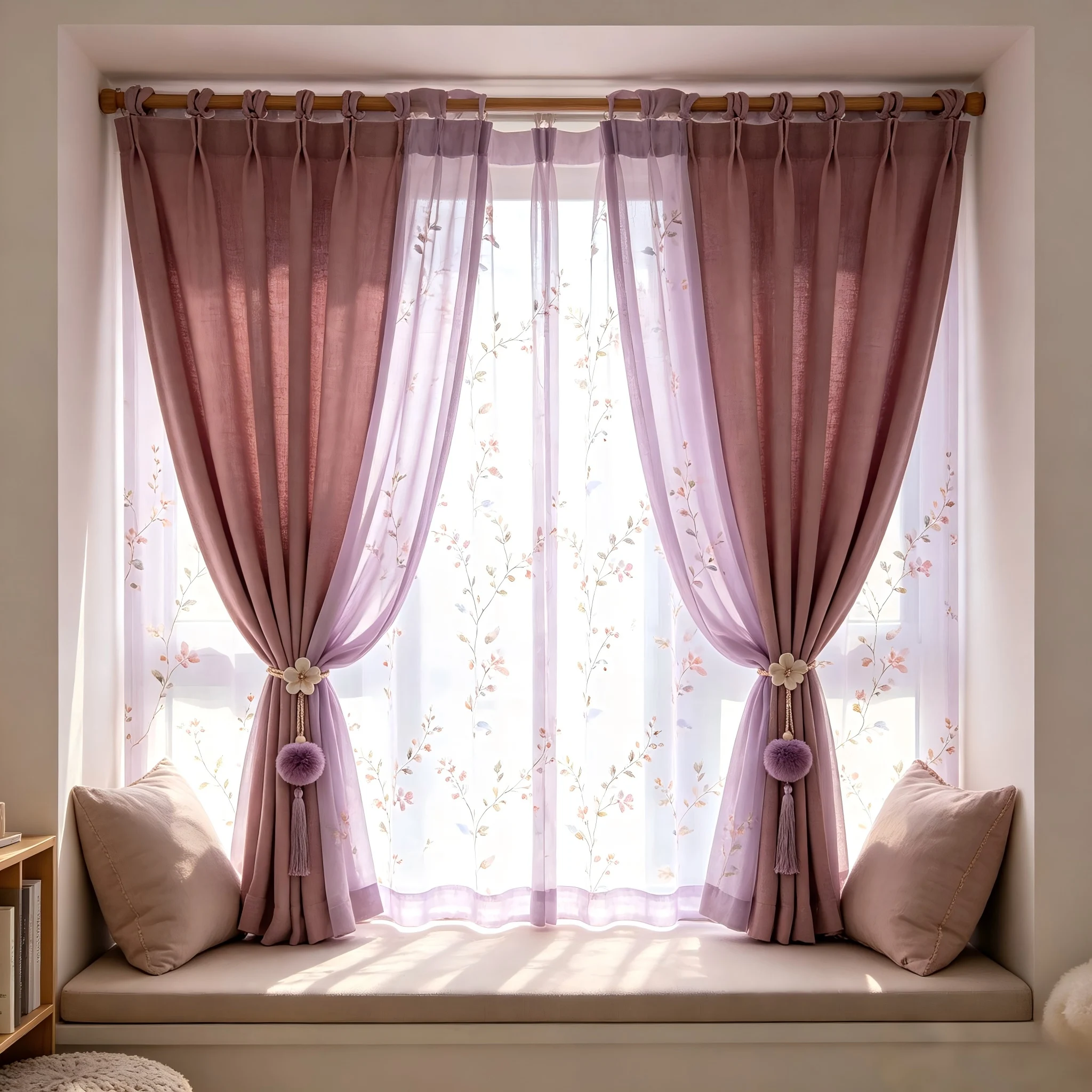 200321   Bay window rest area, bean sand colored cotton linen light purple chiffon watercolor floral branch curtains