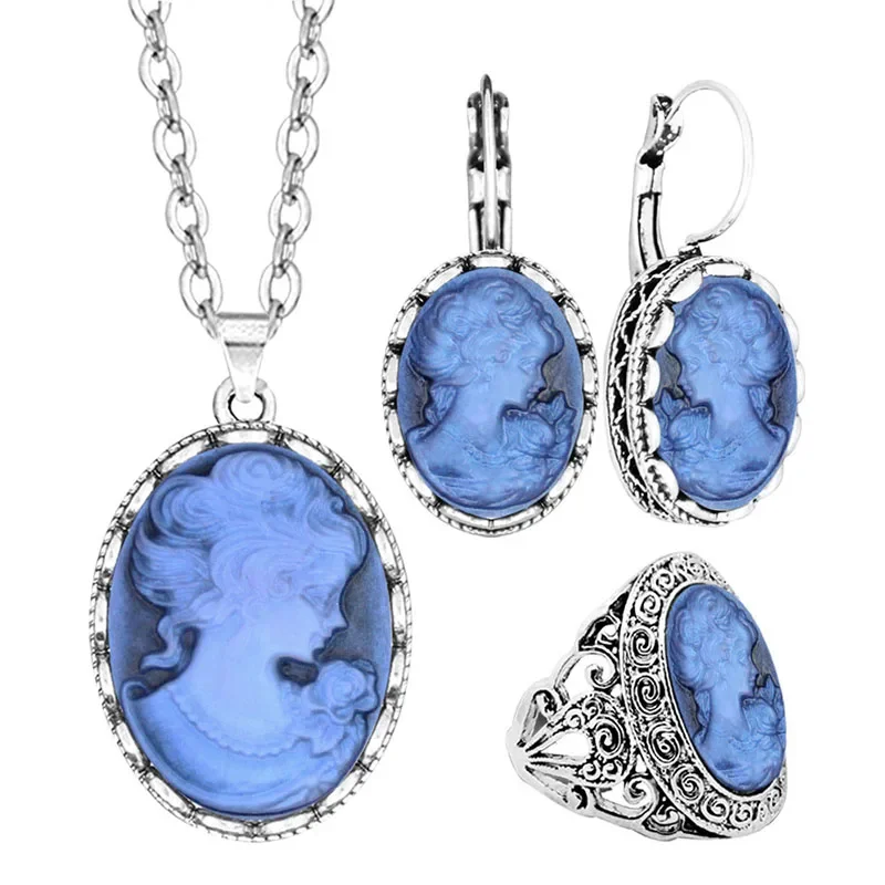 

6 Colors Vintage Lady Queen Cameo Jewelry Set For Women Antique Silver Plated Pink Blue Gray Fashion Cameo Necklace Earring Ring