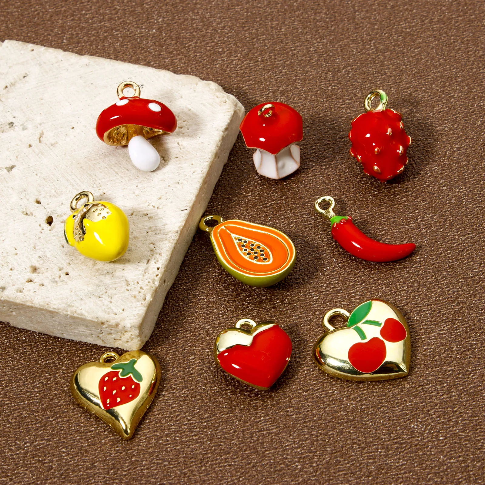 2PCs Brass Charms Fruit Enamel Apple Lemon Strawberry Mushroom 18K Gold Plated Pendants For DIY Bracelet Necklace Jewelry Making