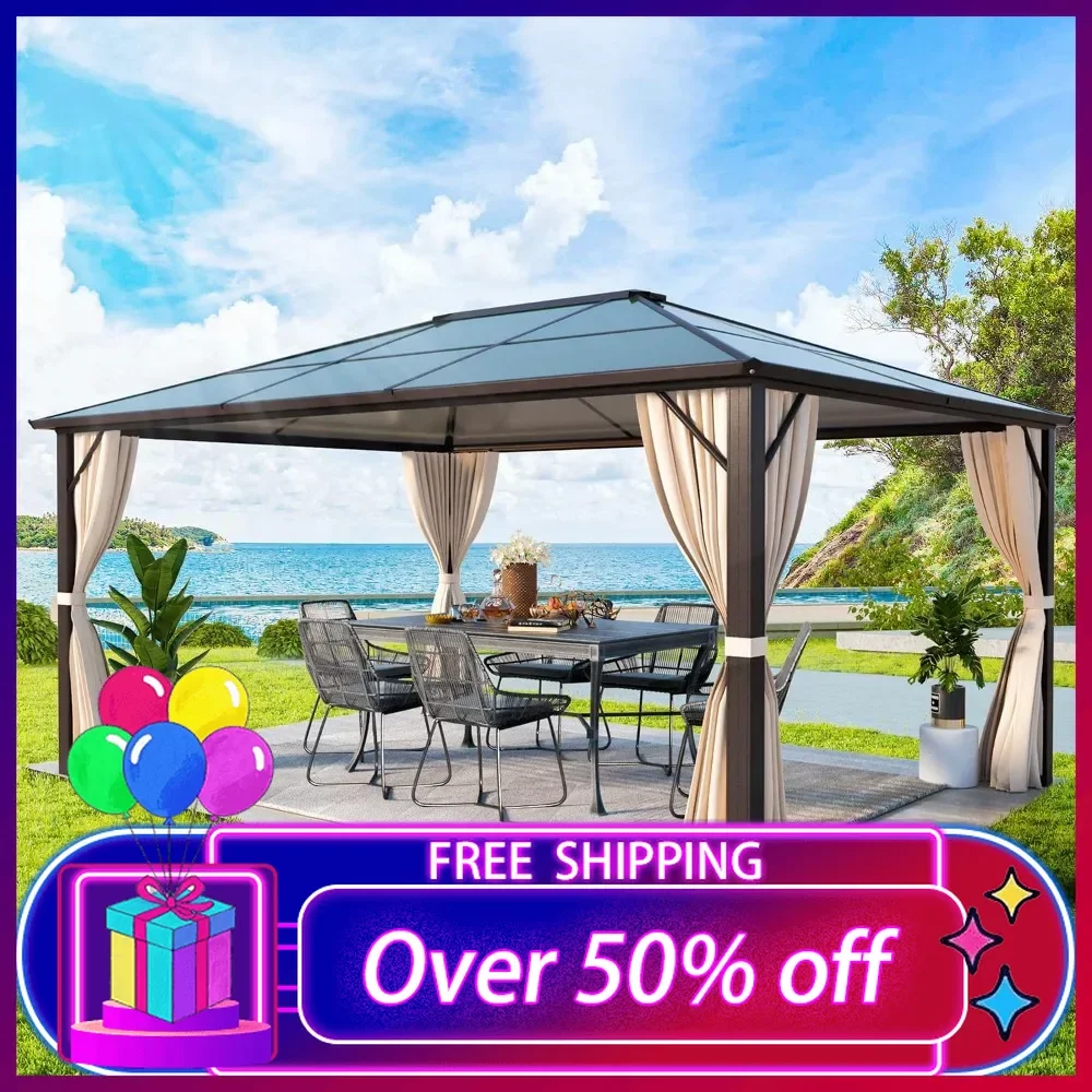 10'x12' Hardtop Gazebo, Outdoor Polycarbonate Roof Canopy, Aluminum Frame Permanent Pavilion with Curtains and Netting, Sunshade