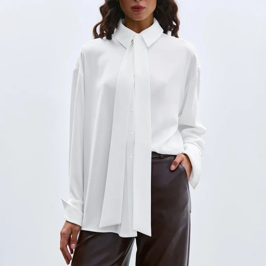 

Linad Elegant Satin White Shirt Sleeve Blouse Office Lady Single-Breasted Tops Women 2025 Street Chic Solid Lapel Tops Autumn