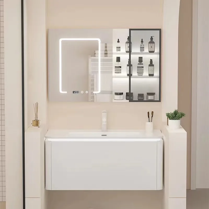 

High Quality Plywood White Luxury Bathroom Vanity and Sink with Smart Light Emitting Diode