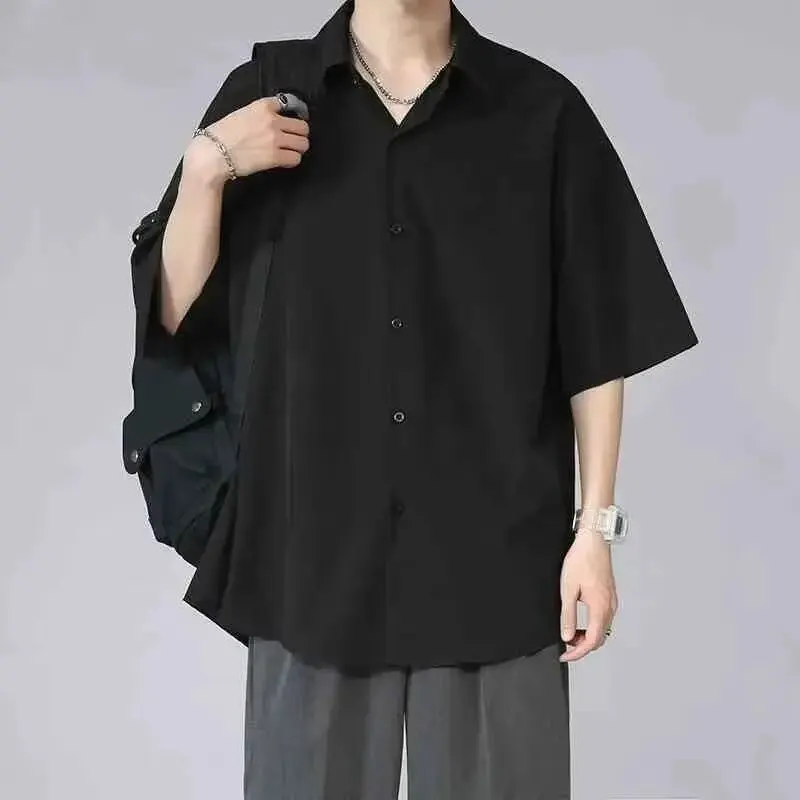 Summer Shirt Men's Trendy Versatile Black Thin Ice Silk Short Sleeve Loose Casual Jacket Lining Clothes