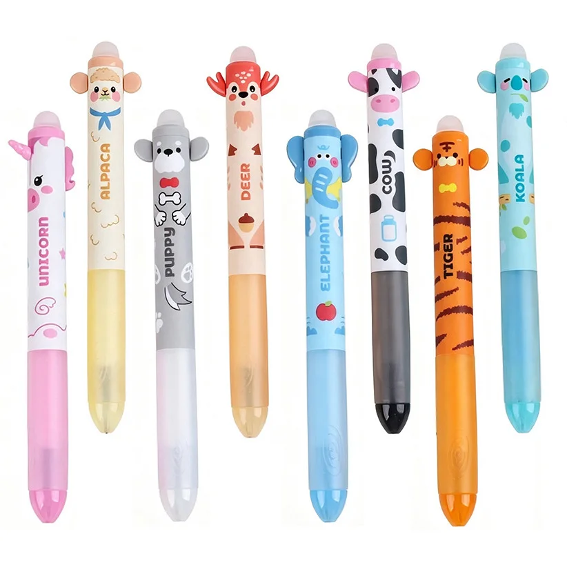 12 styles Cute Animal Erasable Pen 0.5mm Blue Ink Gel Pen Lion Elephant Unicorn Ballpoint Pen Writing Error Erasable for School