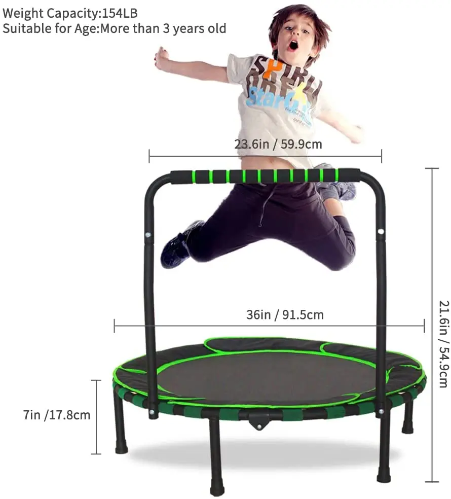 Kids Trampoline with Foldable Bungee Rebounder Adjustable Handrail and Safety Padded Cover for Indoor and Outdoor