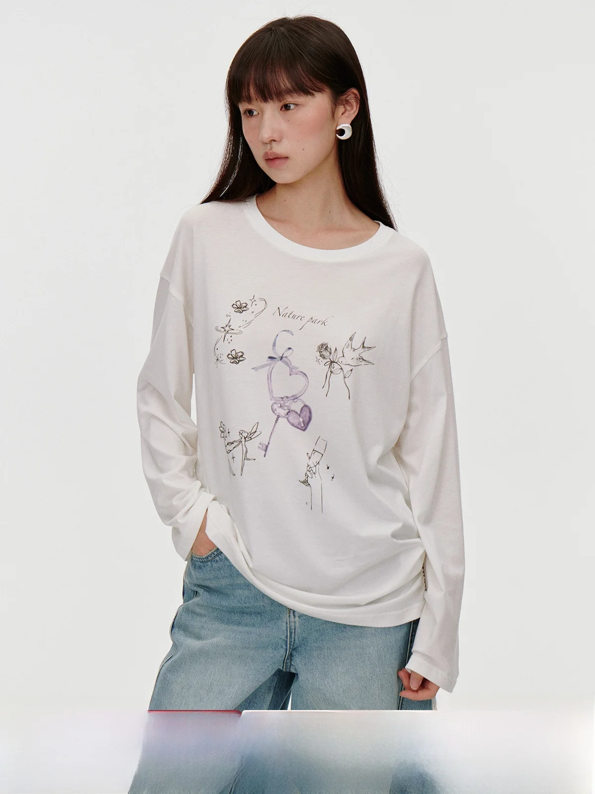 

nt Женская футболка Long Sve с круглым принтом Ne, повседневная свободная посадка, весенне-осенний дизайн с завязками, удобный топ Faion