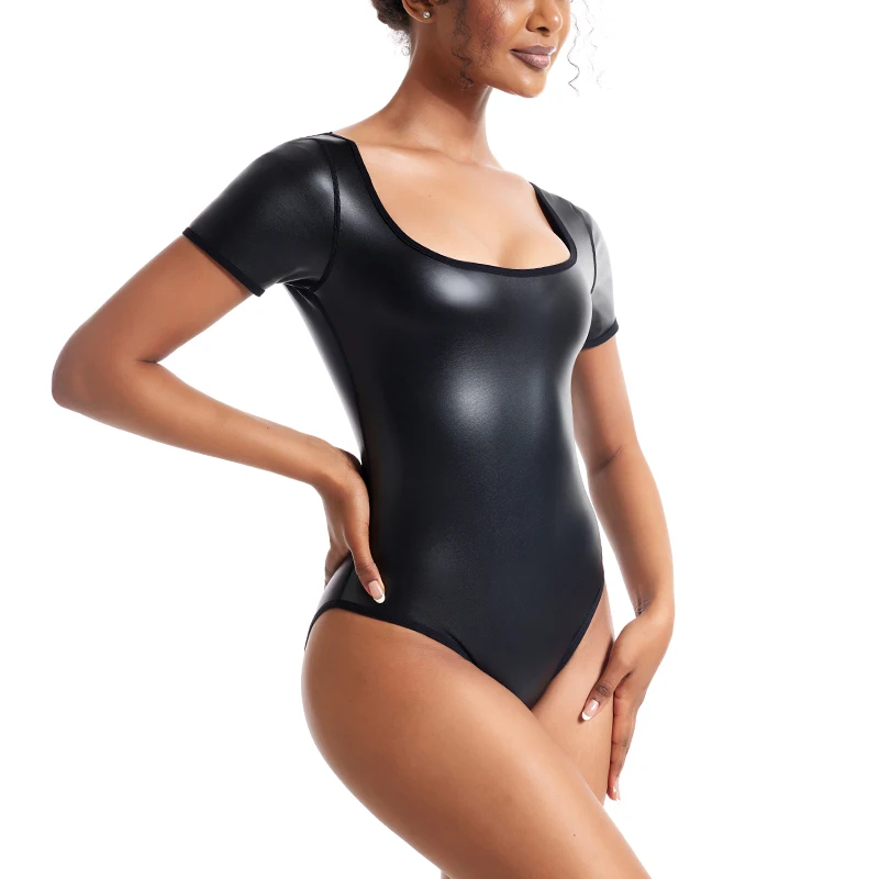 Swimwear Women PU Leather One Piece Swimsuit Black Short Sleeve Bathing Suit Sexy Mini Monokini Swimwear Woman Leather Swimsuits