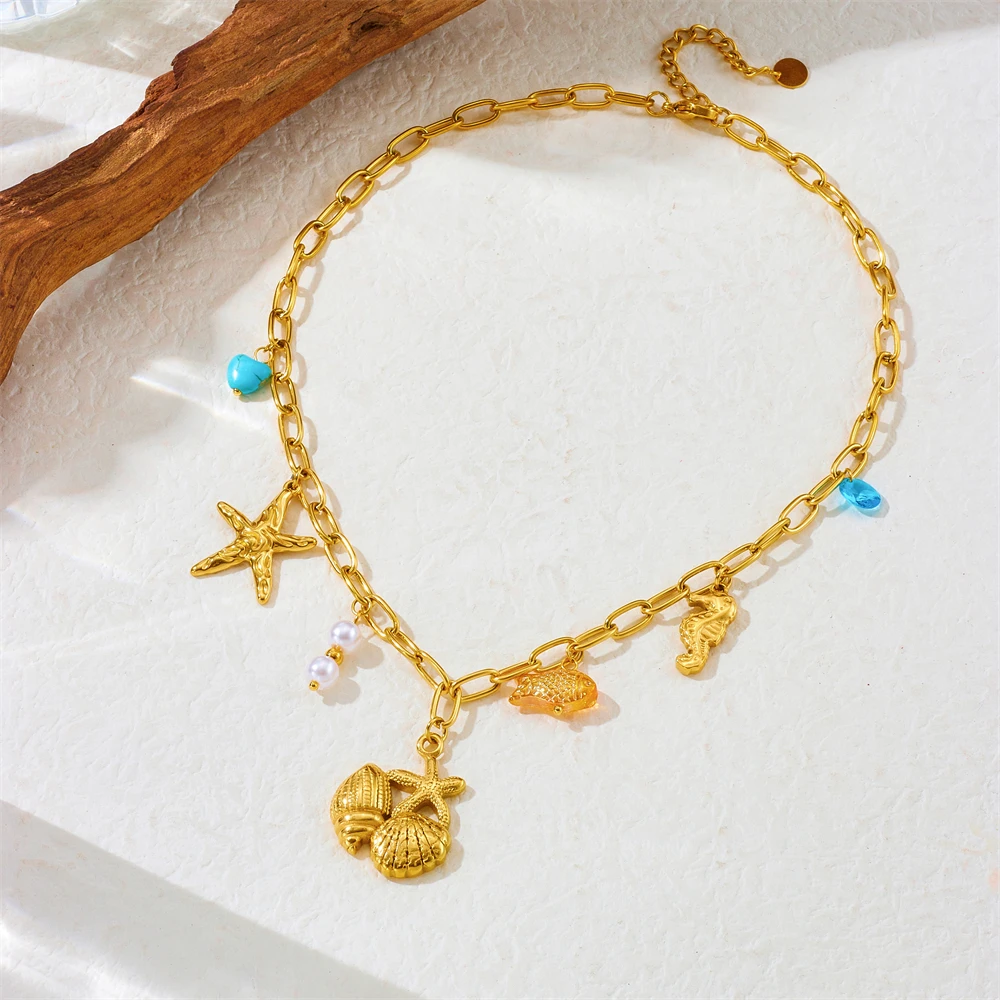 DIEYURO 316L Stainless Steel Sea Shell Starfish Conch Multiple Pendant Necklace For Women New Fashion Neck Chain Jewelry Gift