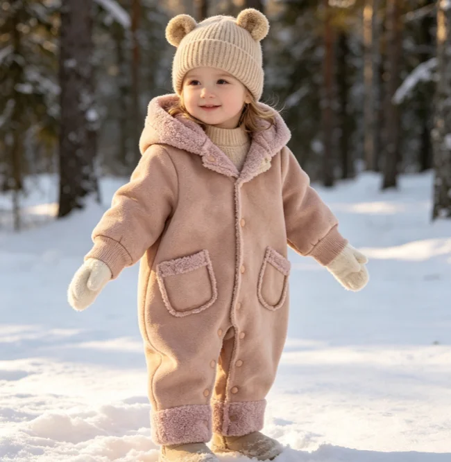Romper 2026 Autumn and Winter New Childrens Clothing Boys and Girls Nordic Style Fashion Casual Thickened Hooded Woolen Onepiece