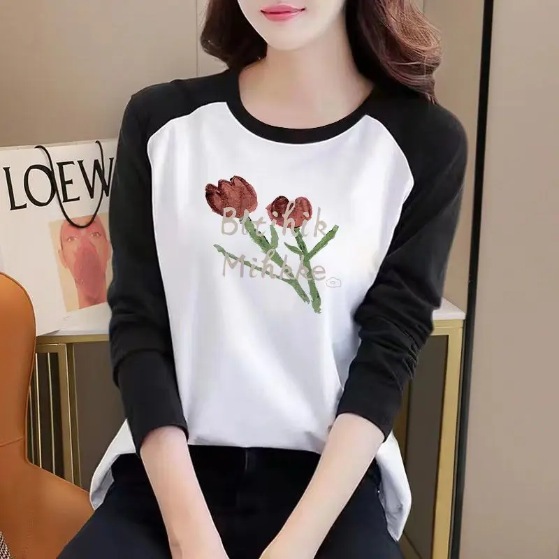 Women Clothing Love Printed Basic Tshirt Pure Cotton Chic Vintage Long Sleeve Tops Autumn New Y2k Fashion Causal Loose Pullovers