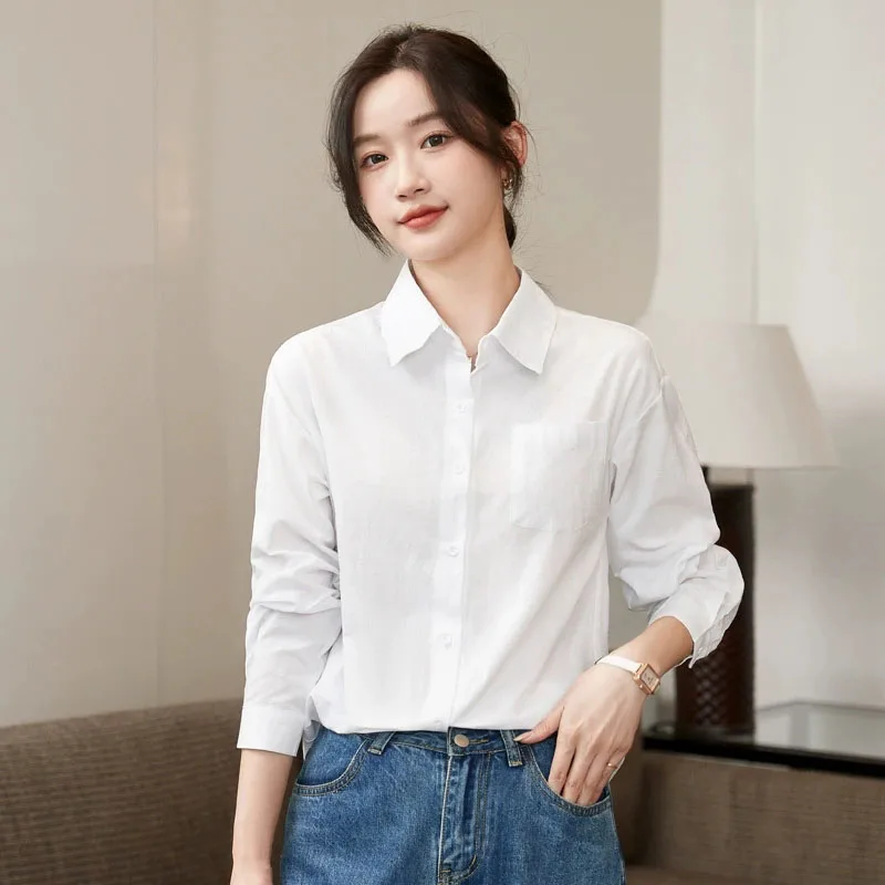 

Autumn New Pure Cotton White Shirts Women Student Casual Single-breasted Blouse Female Korean All-match Long Sleeve Basic Blusas