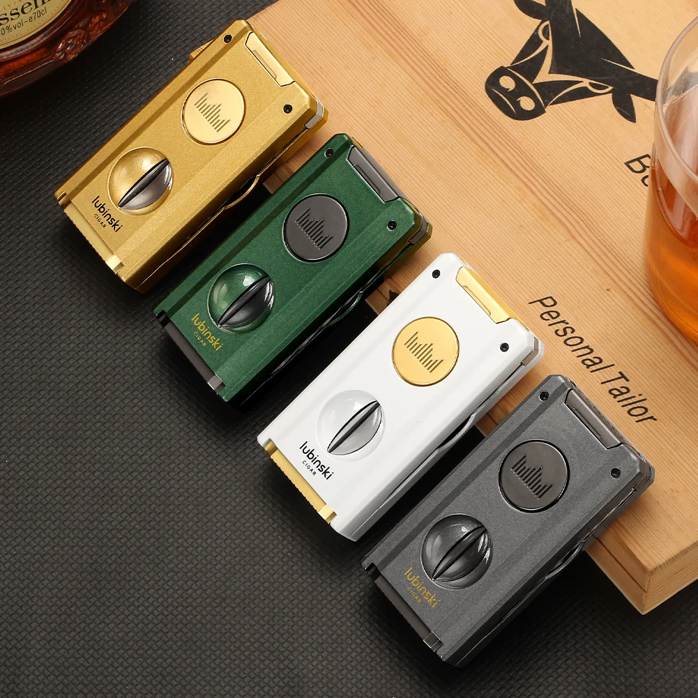 LUBINSKI Lighter Cigar V Cutter Metal New Design Button Ignition Gas Torch Cigar Lighters With Needles Cigar Support Holder