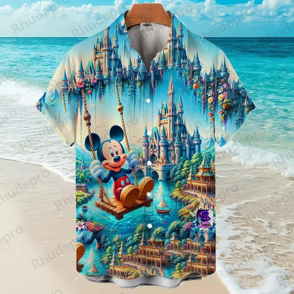 Disney 2025 Mickey Mouse Cartoon Summer Superhero Men's Short Sleeve Funny Print Casual Hawaiian Shirts Lapel Tops Shirts Loose