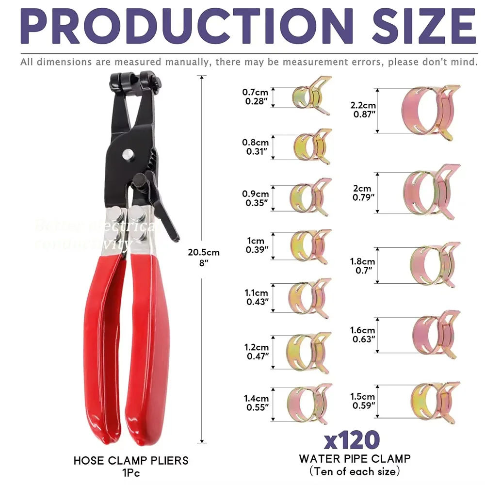 120Pcs 7-22mm Spring Hose Clamps+ Swivel Flat Band Fuel Hose Clamp Plier Assortment Kit,Vacuum Hose Pipe Low Pressure Clamp Clip