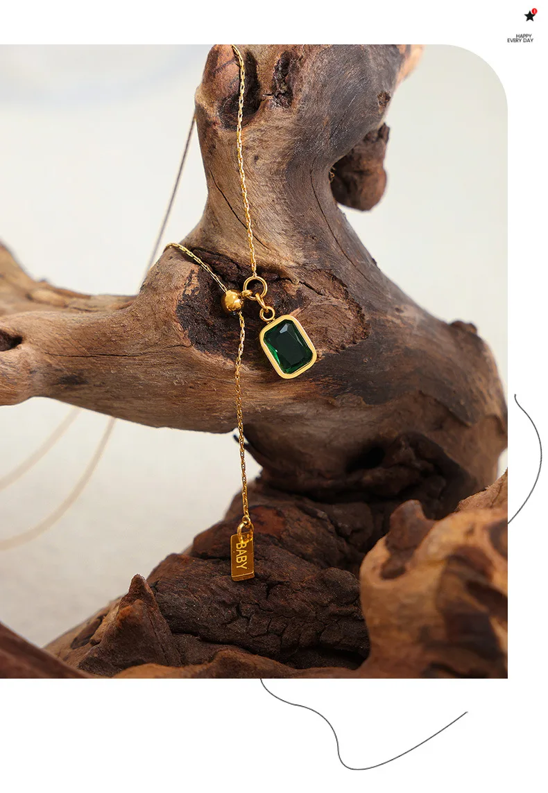 Grüne Zirkon-Anhänger-Halsketten aus Edelstahl, 18 Karat vergoldet, wasserdicht, nicht anlaufend, verstellbare Kette für Damen – Detail 9