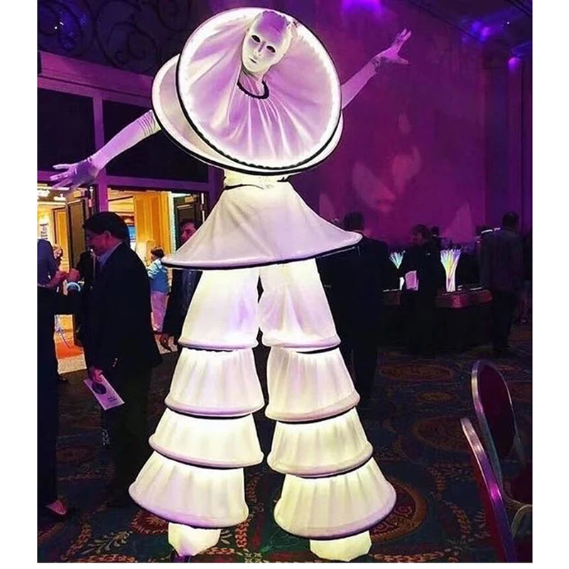 ショーガールコスチュームパーティーコスチュームコンサートコスチュームパーティーショーコスチュームイベントホワイトスティルトウォーカーLEDロボットスーツ大人用ハロウィン発光