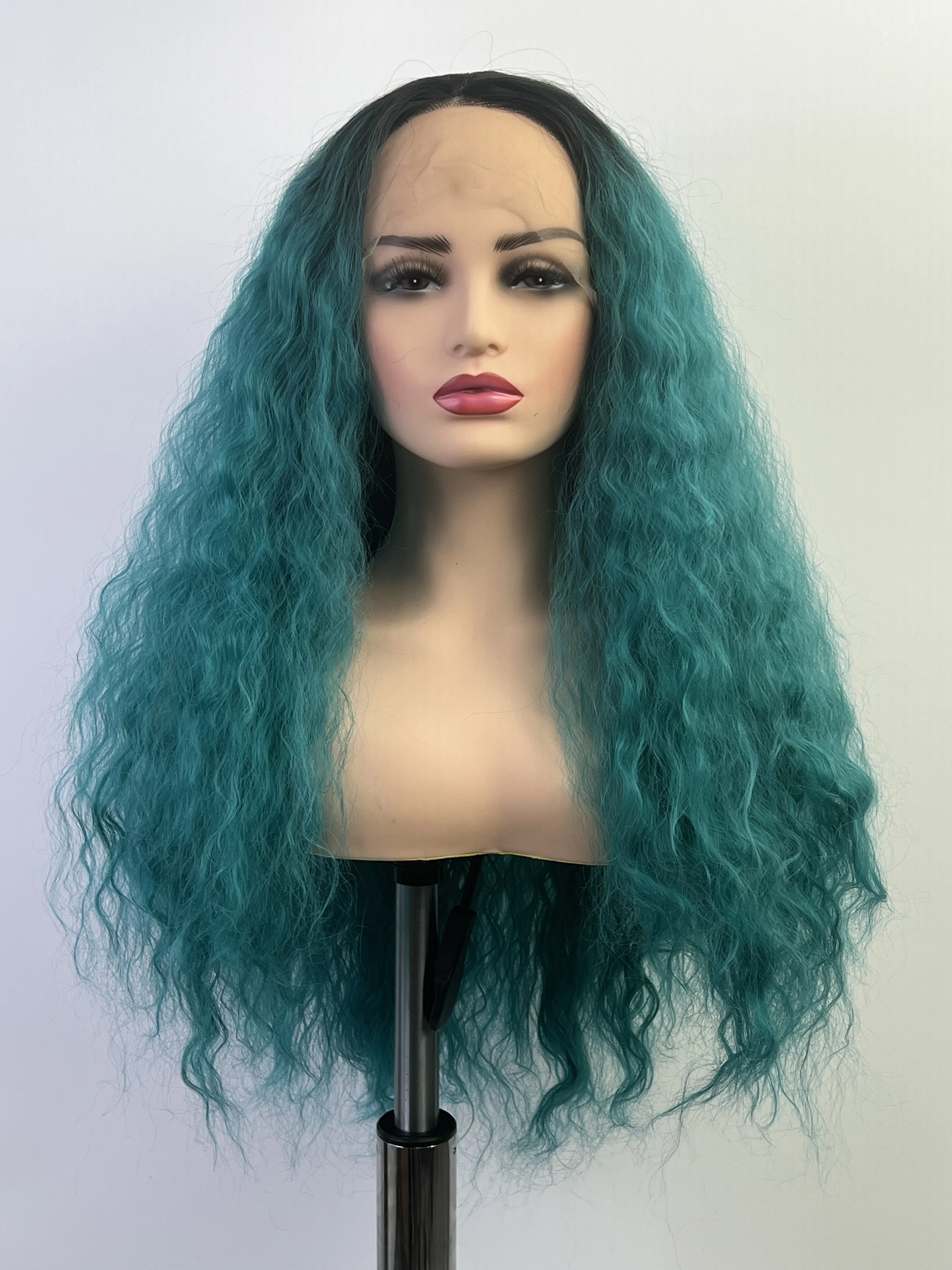 Front Lace Synthetic Wig Green Long Curly Wig Super Fluffy Retouch Your Face Easy Maintenance Mesh Cap Elastic And Adjustable